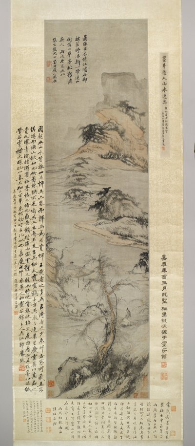 Un vecchio che cammina vicino a un ruscello, con montagne lontane, 1706 da Wu Li